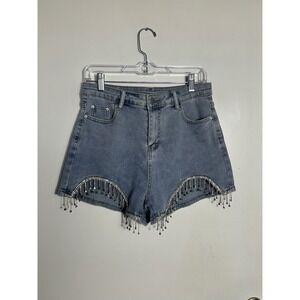 Rhinestone Fringe Denim Shorts High Waisted Crystal Tassel Festival Glam Blue